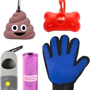 Kit Higiene Pet 03 Refil Rolo de Sacos de lixo Pet Cata Caca + 03 Porta Saquinhos, formato Osso + Emoji Cocô + Lanterna LED p/passeio noturno + Luva Escova p/Remover tirar Pelos de Cães Gatos GRÁTIS